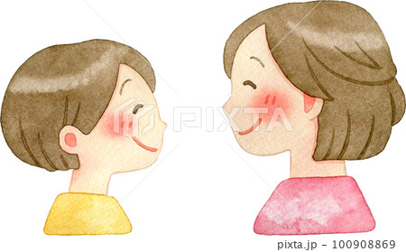 向かい合って微笑む親子の水彩イラスト(横顔) 100908869
