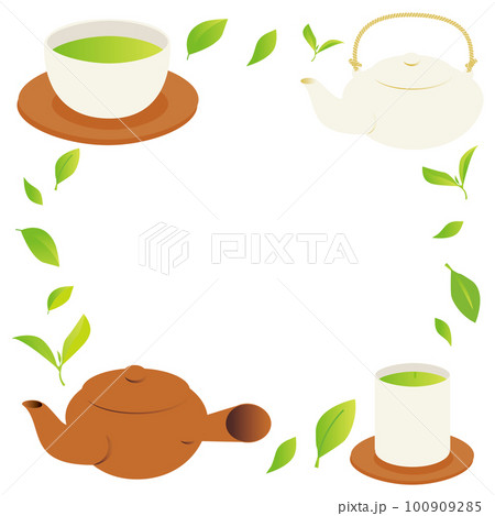 緑茶のイラスト正方形フレームセット_赤茶色 100909285
