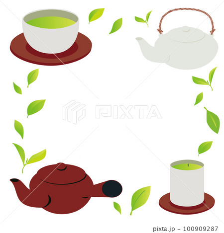 緑茶のイラストフレームセット_濃い赤茶色系 100909287