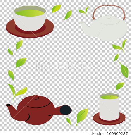緑茶のイラストフレームセット_濃い赤茶色系 100909287
