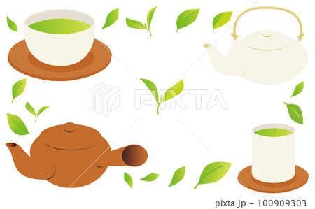 緑茶のイラストセット_赤茶色系 100909303