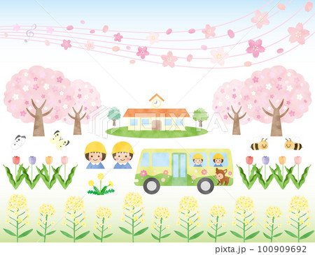 春の花と幼稚園のイラスト素材 100909692