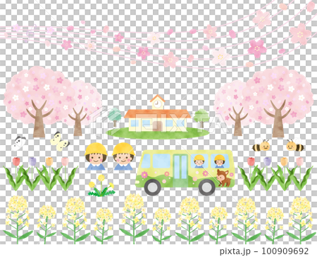 春の花と幼稚園のイラスト素材 100909692