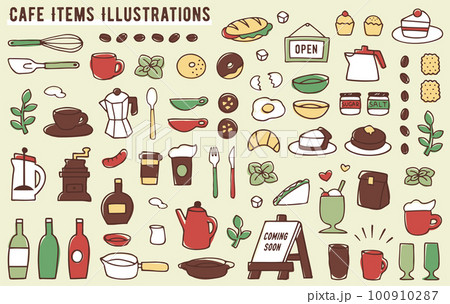 手描きのカフェアイテムのイラストセット 100910287