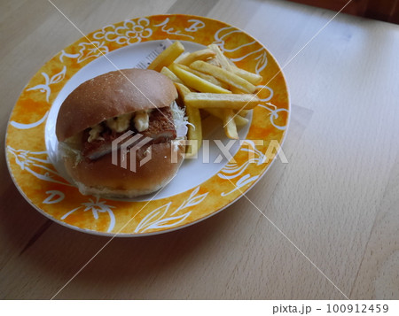 皿に盛ったハンバーガーとポテト 皿に盛ったハンバーガーとポテト 100912459