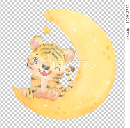cute sweet innocence baby tiger on dreamy crescent moon phase kid nursery watercolour Illustration 100912782