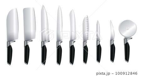 Kitchen knives hanging set isolated. meat chef cutting hatchet, cooking cutlery types. Sharp blade cooking tool for kitchen, folding combat knife, kitchenware for cutting of stainless steel 100912846