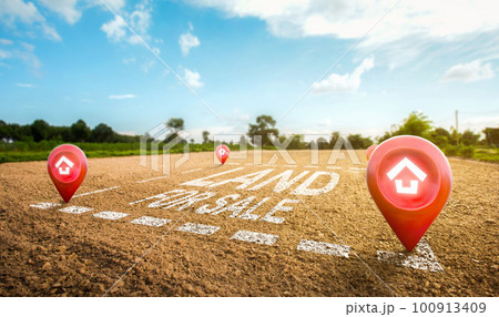 Land plot management - real estate concept with a vacant land on a green field available for building construction and housing subdivision in a residential area for sale. Land plot management - real estate concept with a vacant land on a green field available for building construction and housing subdivision in a residential area for sale. 100913409