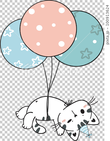 cute kawaii funny white kitty cat hanging with birthday party balloons doodle 100913624