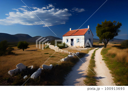 Typical Croatia old farmhouse with a beautiful landscape in the background. View on the facade. Illustration 100913693