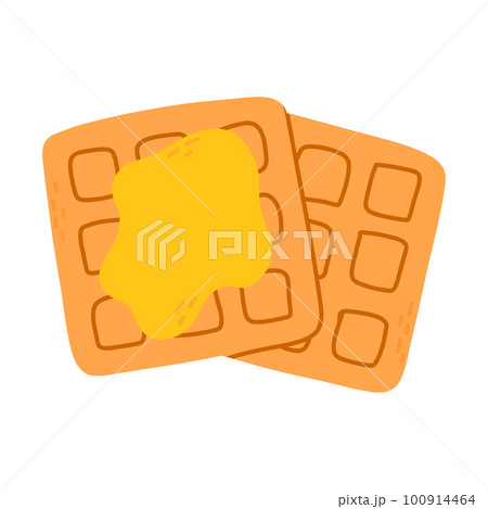 Waffles with maple syrup, jam or honey. Vector illustration. Homemade waffles in flat style. Isolated illustration on a white background. 100914464