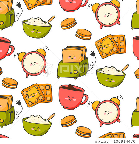 Seamless pattern with good morning in kawaii style. Print with porridge, tea and waffles. Vector illustration. Cartoon style. Seamless pattern with good morning in kawaii style. Print with porridge, tea and waffles. Vector illustration. Cartoon style. 100914470