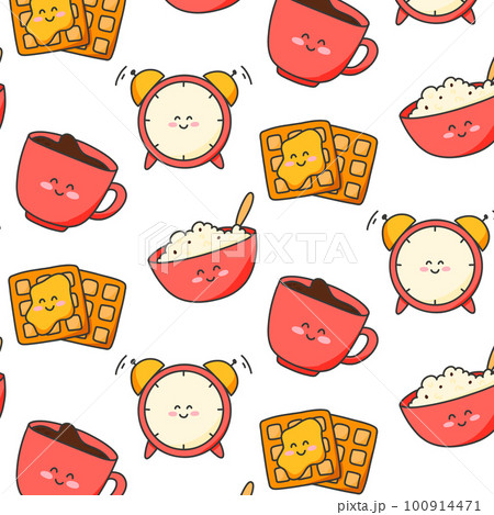 Seamless pattern with good morning in kawaii style. Print with porridge, tea and waffles. Vector illustration. Cartoon style. Seamless pattern with good morning in kawaii style. Print with porridge, tea and waffles. Vector illustration. Cartoon style. 100914471