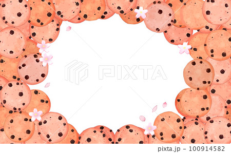 桜のチョコチップクッキーいっぱい楕円フレーム コピースペース有 白背景 イラスト素材 色違い・差分有 100914582