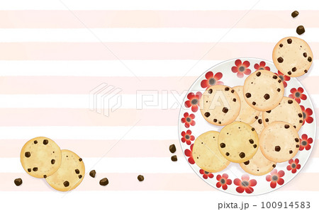 花柄の皿に乗ったチョコチップクッキーのL字フレーム ストライプ背景 色違い・差分あり イラスト素材 100914583