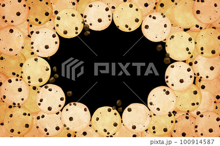 チョコチップクッキーいっぱい楕円フレーム コピースペース有 黒背景 イラスト素材 色違い・差分有 チョコチップクッキーいっぱい楕円フレーム コピースペース有 黒背景 イラスト素材 色違い・差分有 100914587