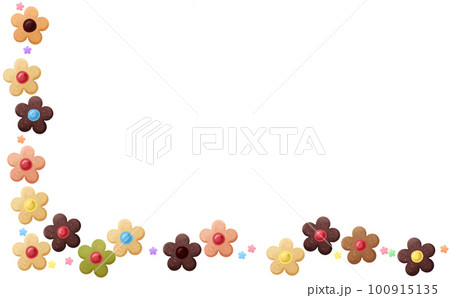 カラフルなお花のクッキーのL字フレーム 白背景 イラスト素材 色違い・差分あり 100915135