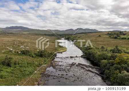 Aerial view of the Lackagh river close to Doe Castle by Creeslough in County Donegal, Republic of Ireland Aerial view of the Lackagh river close to Doe Castle by Creeslough in County Donegal, Republic of Ireland 100915199