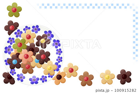 青い花の皿に乗ったカラフルなお花のクッキーのL字フレーム 白背景 色違い・差分あり イラスト素材 100915282