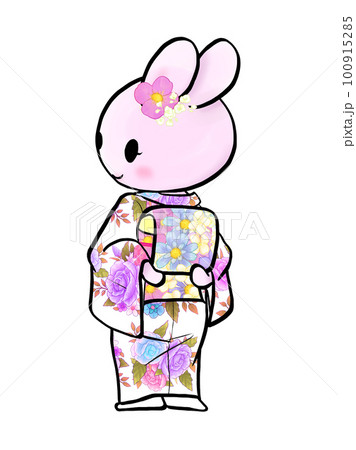 自分で着物の着付けをして、帯を直しているうさぎの女の子 自分で着物の着付けをして、帯を直しているうさぎの女の子 100915285
