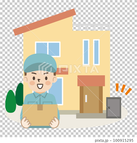 Illustration of a deliveryman delivering packages to a detached house 100915295