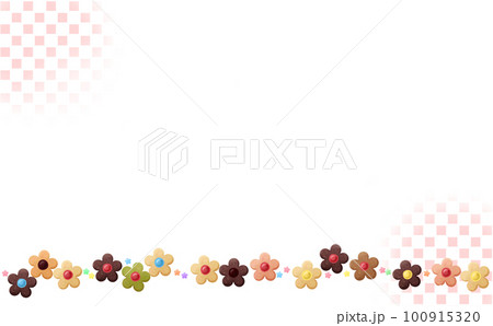 一列に並んだカラフルなお花のクッキー・小 スクエアドット背景 イラスト素材 色違い・差分あり 100915320