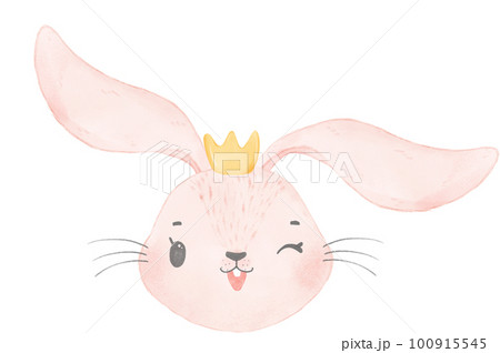 cute whimsical happy princess rabbit bunny face head wear crown  nursery children watercolour cartoon illustration 100915545
