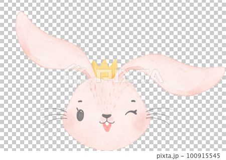 cute whimsical happy princess rabbit bunny face head wear crown  nursery children watercolour cartoon illustration 100915545