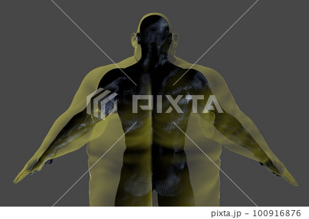 3D render. Athletic man inside an obese body on a gray background. 3D render. Athletic man inside an obese body on a gray background. 100916876