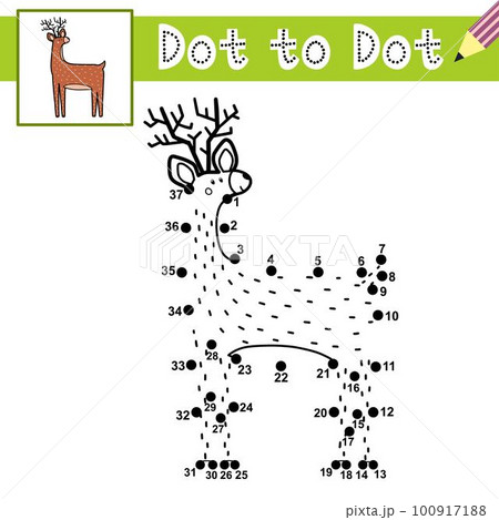 Connect the dots and draw a cute deer. Dot to dot game with funny reindeer Connect the dots and draw a cute deer. Dot to dot game with funny reindeer 100917188