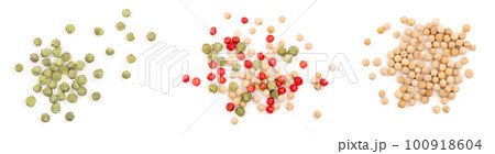 Mixed of peppercorn red white and green pepper isolated on white background. Top view 100918604