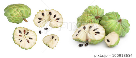 Sugar apple or custard apple isolated on white background . Exotic tropical Thai annona or cherimoya fruit. Top view. Flat lay 100918654