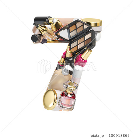 Number 7 seven. Alphabet from cosmetics, make up and beauty products isolated on white. 100918865