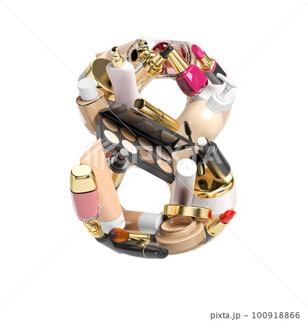 Number 8 eight. Alphabet from cosmetics, make up and beauty products isolated on white. 100918866
