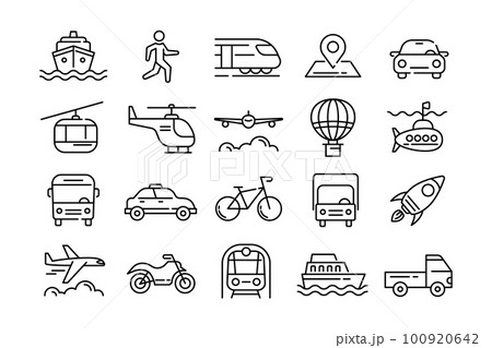 Transport line icons. Car travel. Vehicle types. Taxi and bike. Public bus. Bicycle and train body. Automobile truck or van. Helicopter and motorcycle traffic. Vector outline pictograms set Transport line icons. Car travel. Vehicle types. Taxi and bike. Public bus. Bicycle and train body. Automobile truck or van. Helicopter and motorcycle traffic. Vector outline pictograms set 100920642