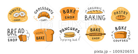 Bakery lettering logotype, bagel flour stamp. Bread letter tags, signs and symbols, croissants logo design, homemade pastry and bake logo, cupcake and baguette. Vector isolated illustrations set 100920655