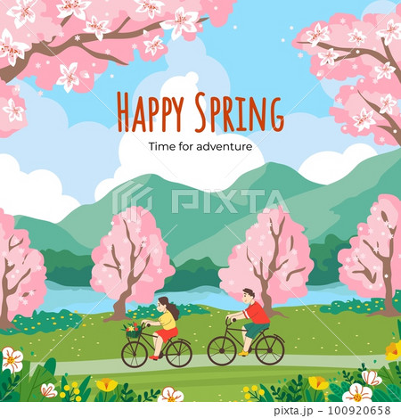 Spring flower landscape. Bicycle travel. Blossom season card with lettering. River and green plants. Blooming sakura trees. Couple ride bikes. Park road. Vector illustration background Spring flower landscape. Bicycle travel. Blossom season card with lettering. River and green plants. Blooming sakura trees. Couple ride bikes. Park road. Vector illustration background 100920658