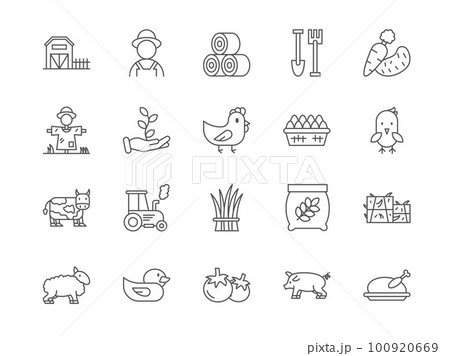 Agriculture line icons. Farm symbols. Farmer and harvest tractor. Livestock like cow and pig. Eco chicken food. Farming field scarecrow. Agronomy outline signs. Vector stroke pictograms set Agriculture line icons. Farm symbols. Farmer and harvest tractor. Livestock like cow and pig. Eco chicken food. Farming field scarecrow. Agronomy outline signs. Vector stroke pictograms set 100920669