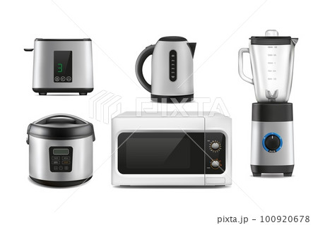 Realistic kitchen items. Household appliances. Electric kettle. Microwave oven. Toaster or multicooker. Home blender and juicer. Domestic mixer or container. Vector houses equipment set 100920678