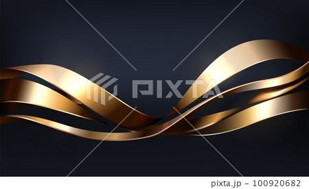 3D flowing metal shapes. Glossy waves. Dynamic curved lines. Decorative gold twist. Motion fluid with metallic gilt tapes. Business presentation. Luxury background. Vector realistic banner 3D flowing metal shapes. Glossy waves. Dynamic curved lines. Decorative gold twist. Motion fluid with metallic gilt tapes. Business presentation. Luxury background. Vector realistic banner 100920682
