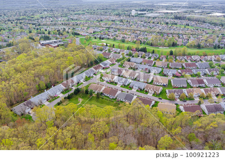 In an aerial view of small American town with houses and roads, spring trees are blooming. 100921223