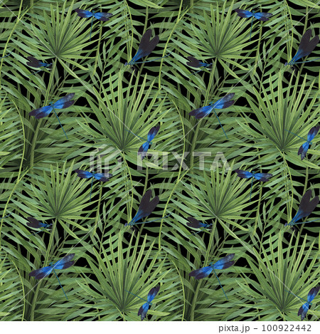 Seamless pattern tropic plants and Dragonfly watercolor isolated on white. Watercolor hand drawn botanical llustration Seamless pattern tropic plants and Dragonfly watercolor isolated on white. Watercolor hand drawn botanical llustration 100922442