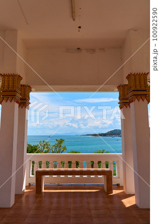 The view from the gazebo on the sea bay with clear turquoise sea water The view from the gazebo on the sea bay with clear turquoise sea water 100922590