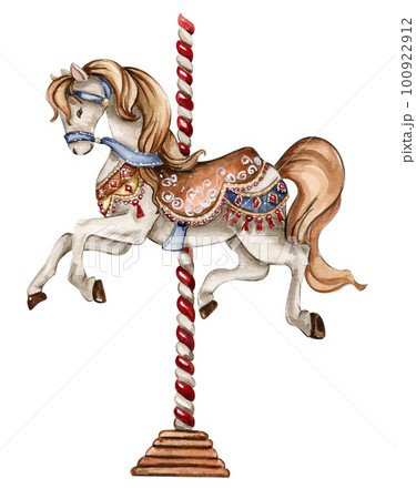 Watercolor hand drawn circus horse vintage style. Perfect for wedding, invitations, blogs, card templates, birthday and baby cards, patterns, quotes. isolater on white background.Cute circus animals . 100922912