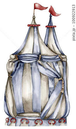 Watercolor hand drawn blue circus tent vintage style. Perfect for wedding, invitations, blogs, card templates, birthday and baby cards, patterns, quotes. isolater on white background. 100922913