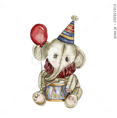 Watercolor hand drawn circus elephant  vintage style. A drawing of an elephant on with a red ball. Perfect for wedding, invitations, blogs, card templates, birthday and baby cards, patterns, quotes. 100922914
