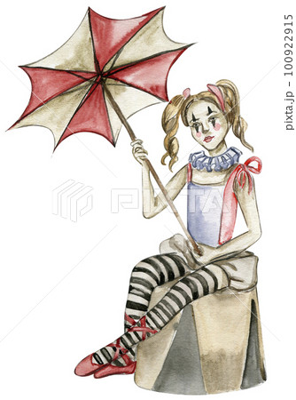 Watercolor hand drawn circus clown vintage style.  Perfect for wedding, invitations, blogs, card templates, birthday and baby cards, patterns, quotes. isolater on white background.Cute circus animals. 100922915