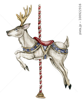 Watercolor hand drawn circus deer vintage style. Perfect for wedding, invitations, blogs, card templates, birthday and baby cards, patterns, quotes. isolater on white background.Cute circus animals . 100922916