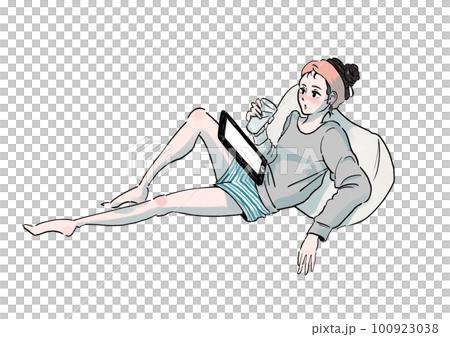 A woman relaxing by touching a tablet while drinking a drink in her room 100923038