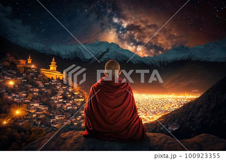 Buddhist monk sits on mount and looks at city and mountains at night, generative AI. 100923355